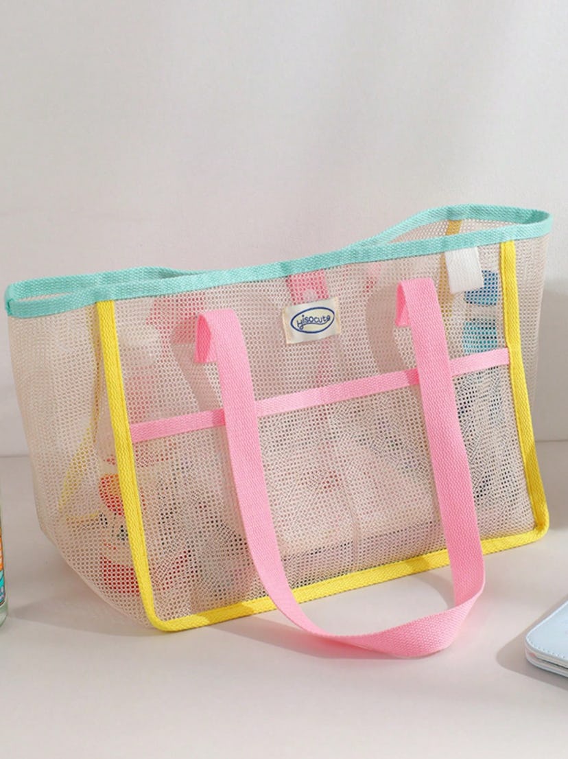 Ins Style Summer Net Tote Bag in bright pink yellow and blue, in a story about shein beach bags