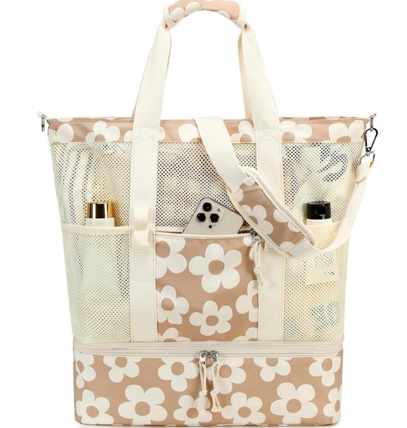 beige Beach Tote Bag With Cooler Compartment with white flower print in a story about shein beach ba...