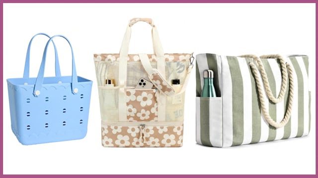 Shein beach bags, a blue rubber tote, a beige and white flower cooler bag, and a sage and white stri...