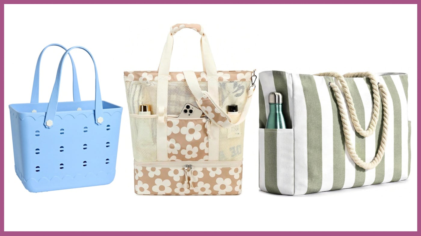 Shein beach bags, a blue rubber tote, a beige and white flower cooler bag, and a sage and white striped beach bag with rope handles