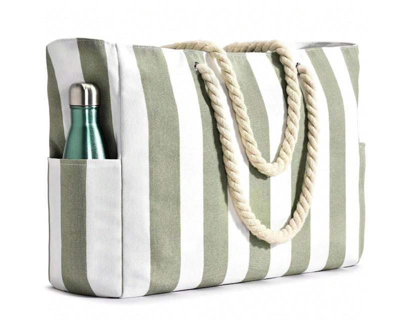sage and white stripe Women's Large Beach Tote With Rope Handles, in a story about shein beach bags