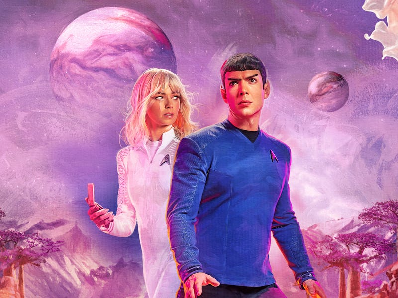Jess Bush as Chapel and Ethan Peck as Spock in season 3 of Strange New Worlds streaming on Paramount...