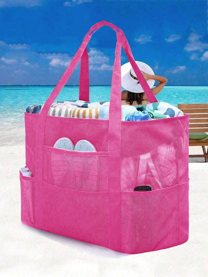 Large Mesh Beach Bag in hot pink, in a story about shein beach bags