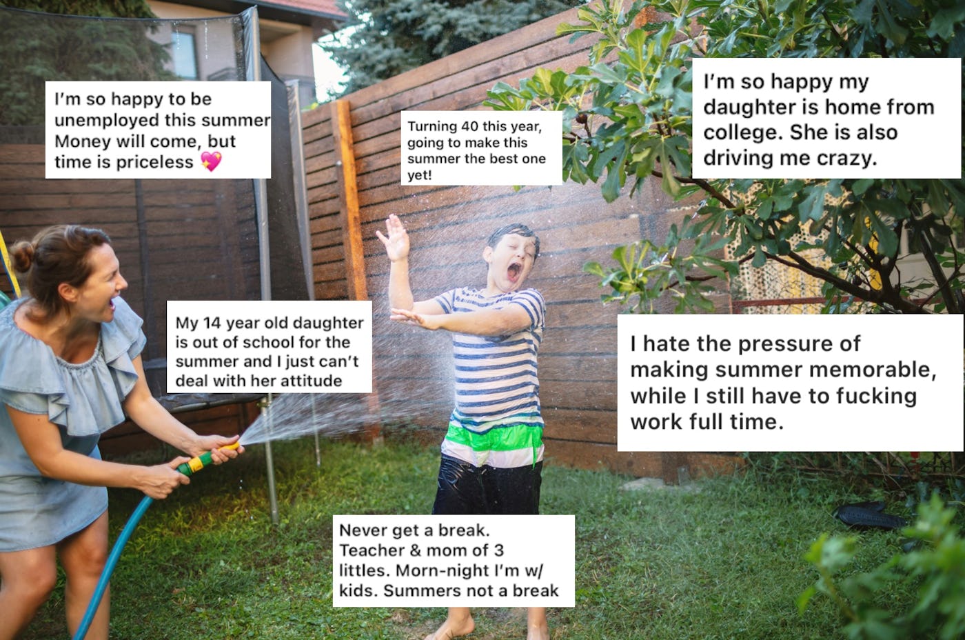 A woman sprays water with a hose while a boy nearby playfully reacts. Text overlays express mixed feelings about summer, family, and work stress.