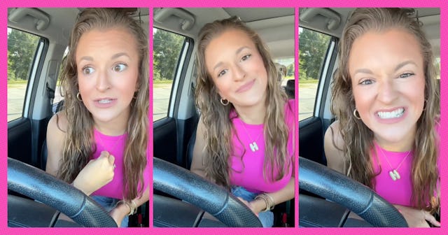 A woman with long, wavy hair wearing a bright pink tank top is posing playfully in a car. She has va...