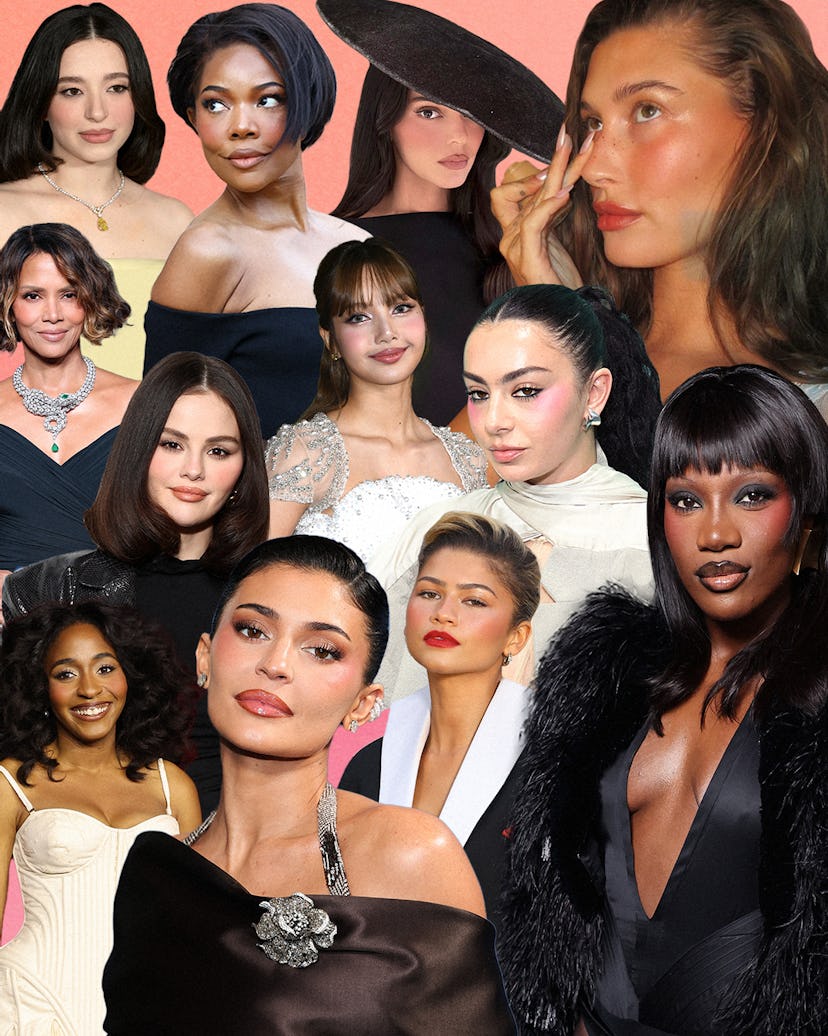 a collage of celebrities wearing blush-forward beauty looks