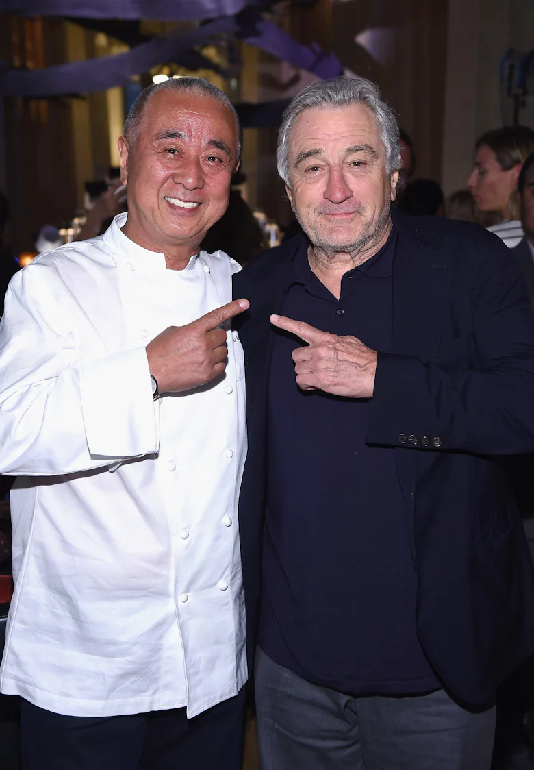 Nobu partners chef Nobu Matsuhisa (L) and Robert De Niro attend the Nobu Downtown Sake ceremony to c...