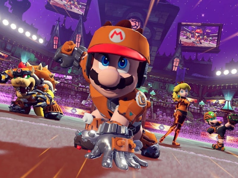 Mario in a three-point stand at the stard of a socer match