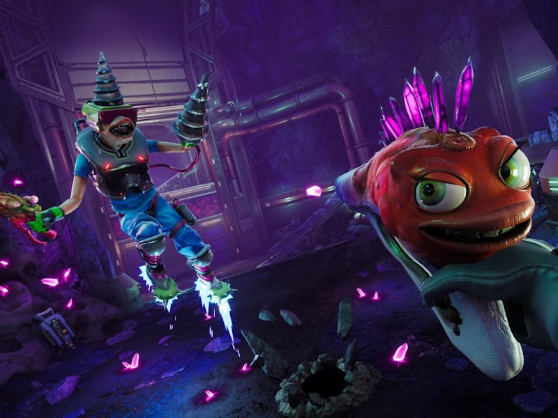 A playful and vibrant scene features a character in futuristic attire using a colorful weapon while ...