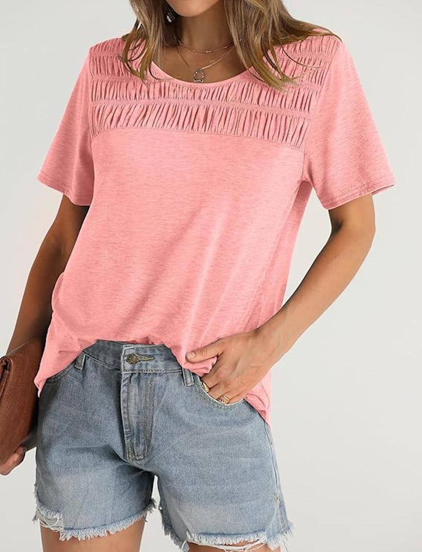 OFEEFAN Trendy Smocked Short Sleeve Shirt