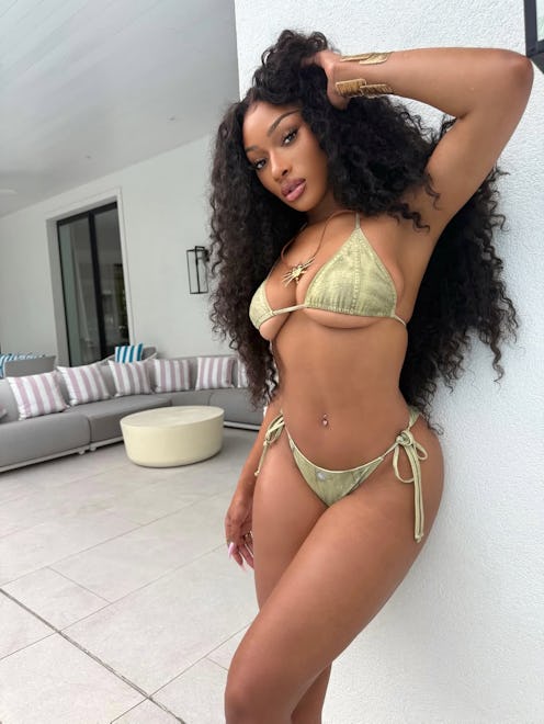 Megan Thee Stallion wore a denim print micro bikini.