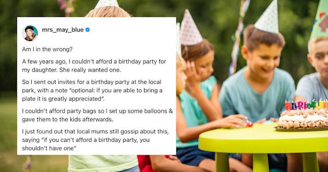 A group of kids sitting around a cake during a park birthday party.