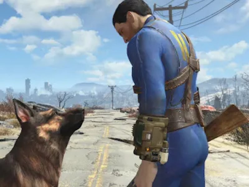 A man in a blue jumpsuit stands on a deserted road, looking down at a dog. The background features a...