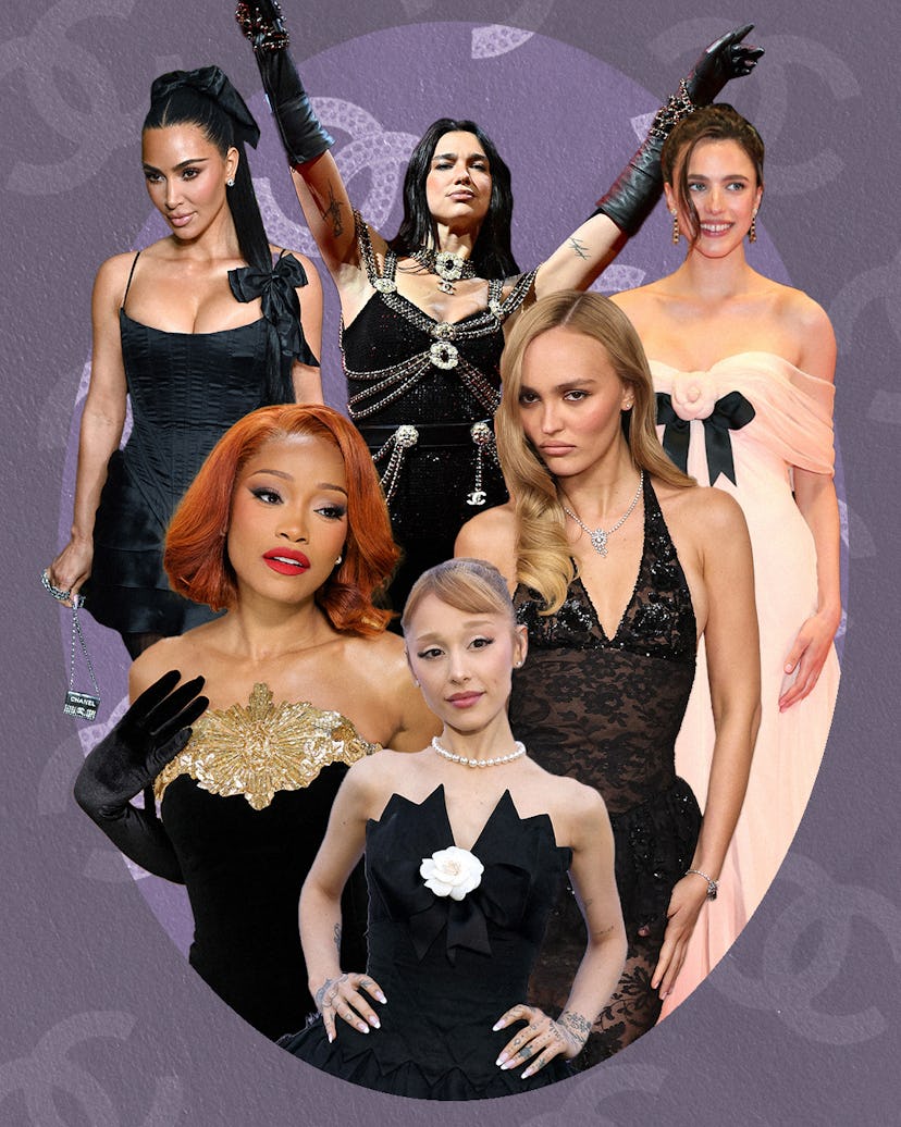 ariana grande, keke palmer, lily rose depp, margaret qualley, kim kardashian, and dua lipa wearing a...