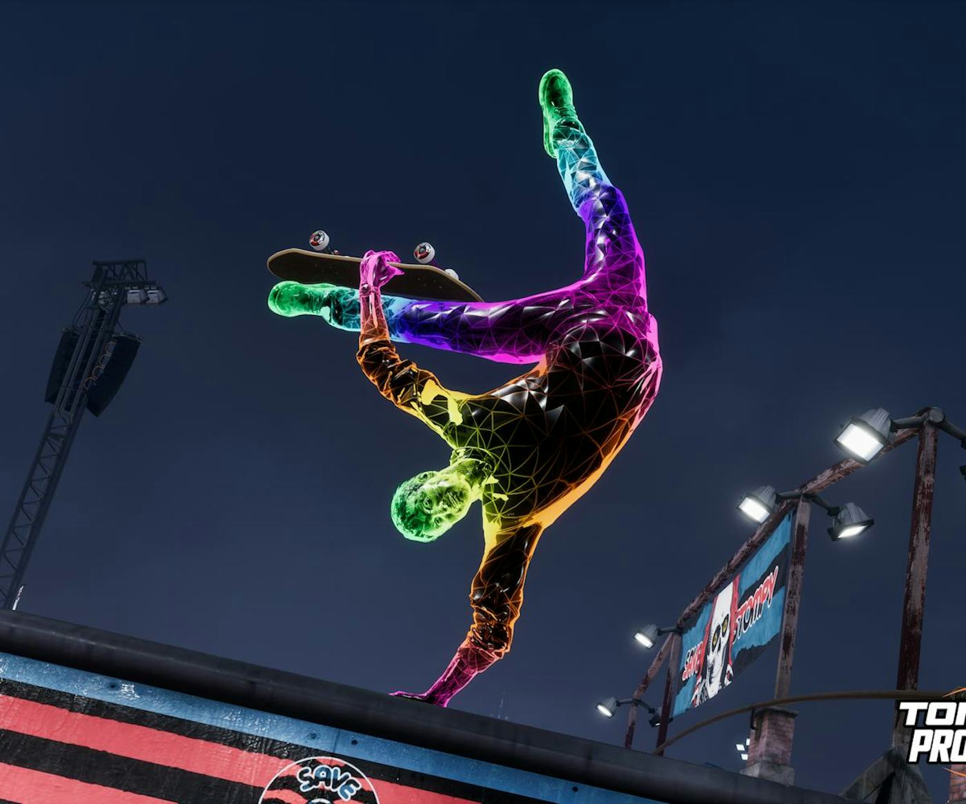 A neon-colored, digital silhouette of a skateboarder performs a trick in mid-air over a ramp, with bright lights illuminating the surroundings.