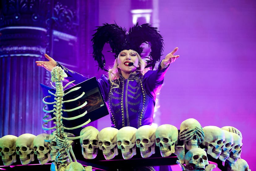 Lady Gaga performs at the Coachella Stage during the 2025 Coachella Valley Music and Arts Festival a...