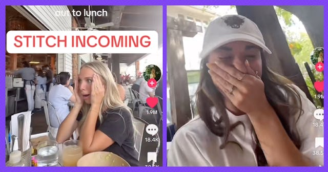 Two moms laugh as their "screen-free" kids scream in a restaurant.