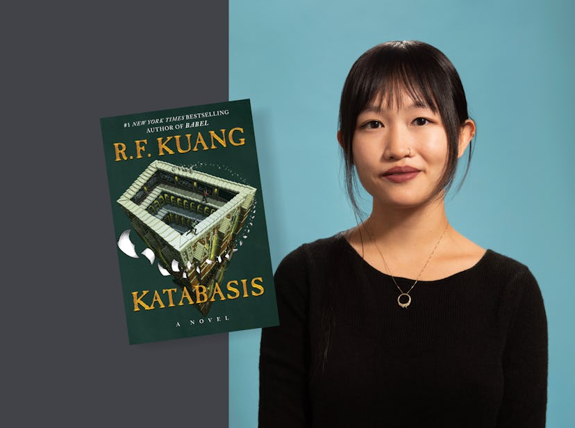 Author R.F. Kuang with the cover of her new novel, 'Katabasis.'