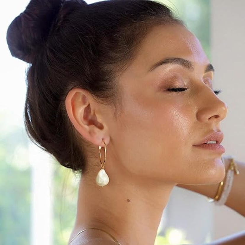 PEARLADA Gold Freshwater Pearl Drop Hoop Earrings