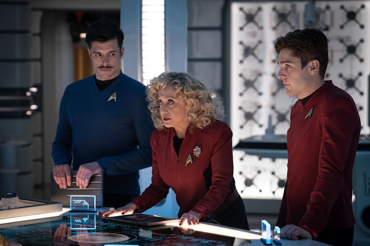 Dan Jeannotte as Sam Kirk, Carol Kane as Pelia and Martin Quinn as Scotty in Star Trek: Strange New ...