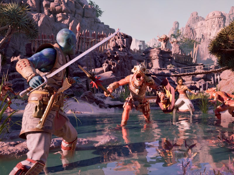 A vibrant fantasy landscape features a humanoid figure wielding a sword, facing an opponent. Other c...