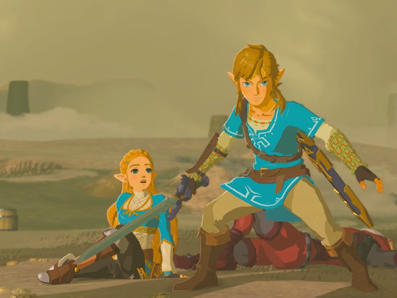 Link stands ready to fight with the Master Sword in hand, while Zelda sit behind him.