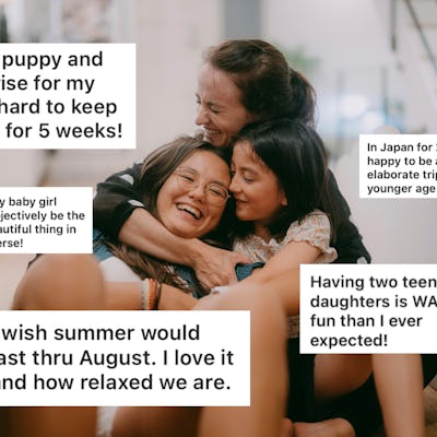 A joyful group of three women embrace while sitting on the floor, surrounded by text bubbles expressing sentiments about family, pets, and summer relaxation.