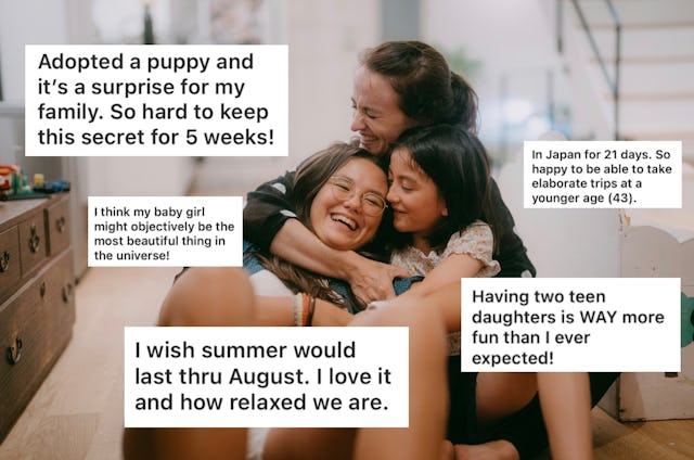 A joyful group of three women embrace while sitting on the floor, surrounded by text bubbles express...