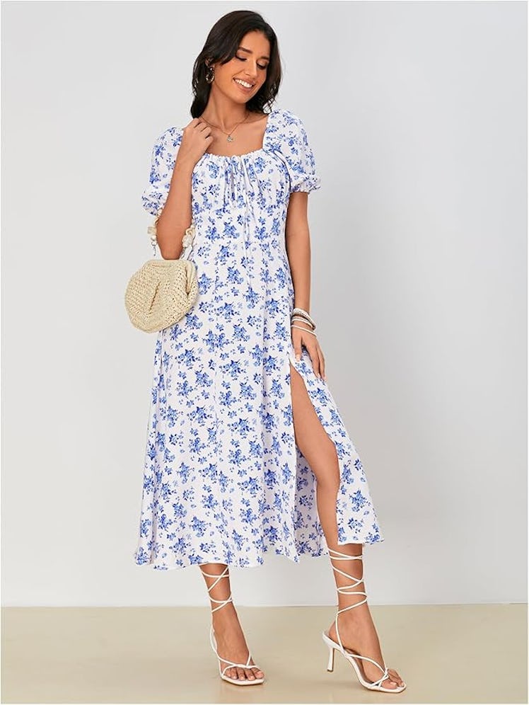 WDIRARA Floral Print Square Neck Short Sleeve Split Dress