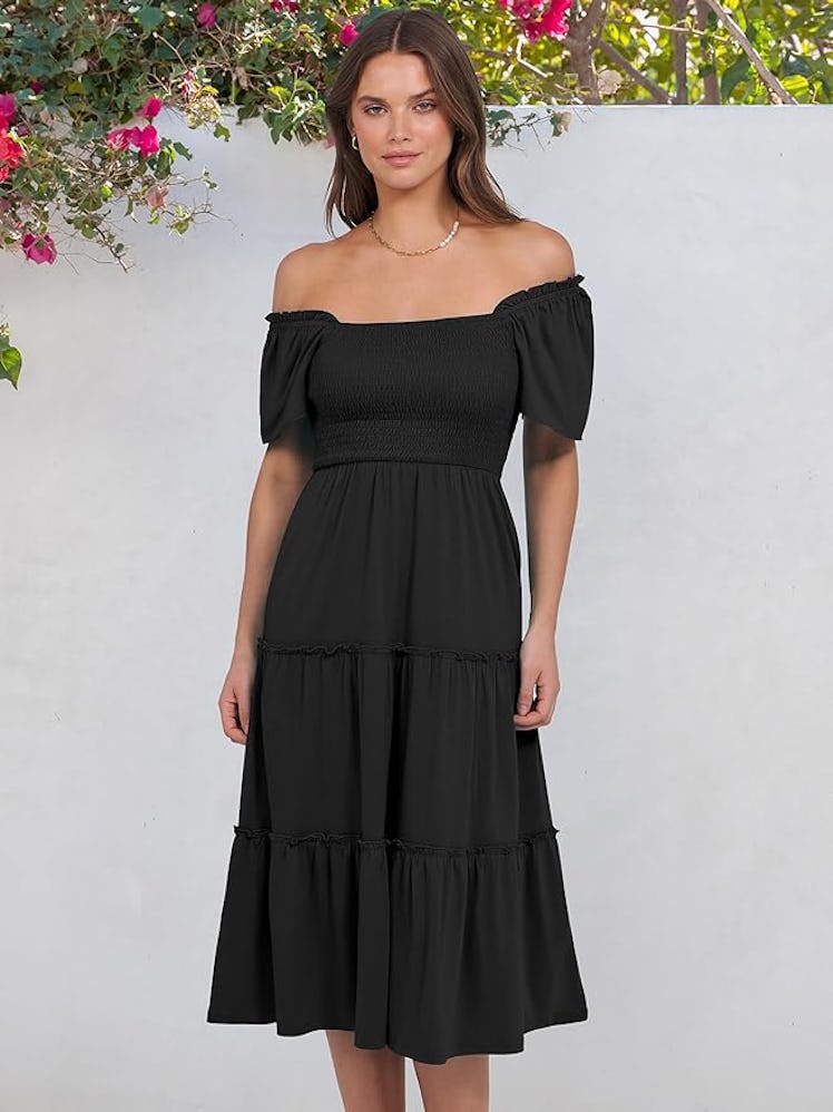 ANRABESS Square Neck Flutter Sleeve Smocked A-Line Midi Dress
