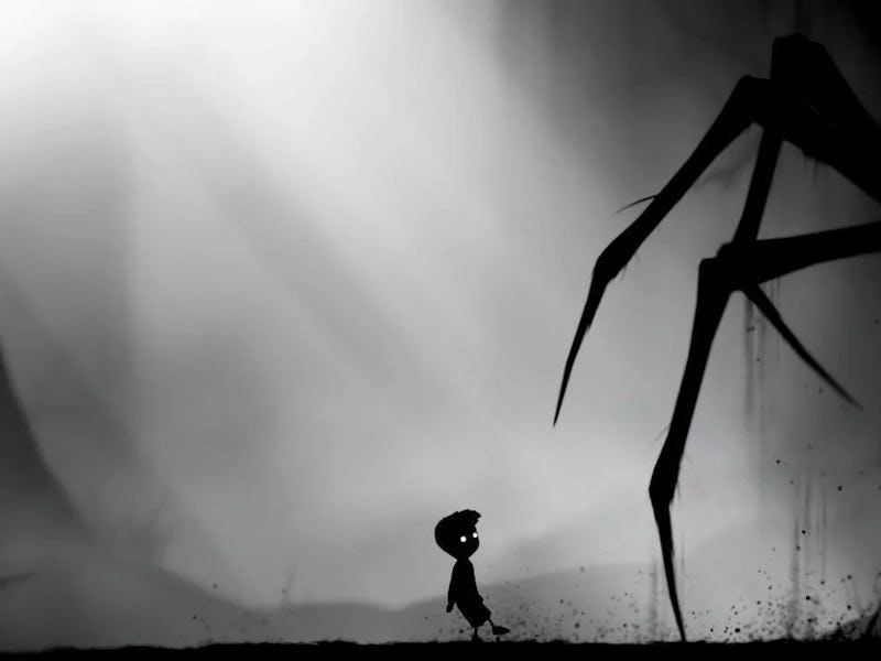 A silhouetted young boy walks cautiously in a shadowy landscape, facing a large, ominous spider-like...