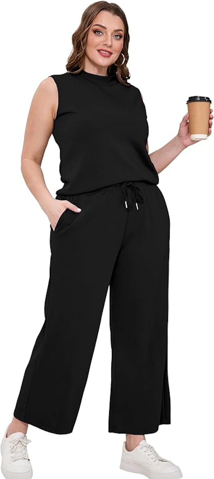 SAMPEEL Mock Neck Top Wide Leg Crop Pants Set (2 Pieces)