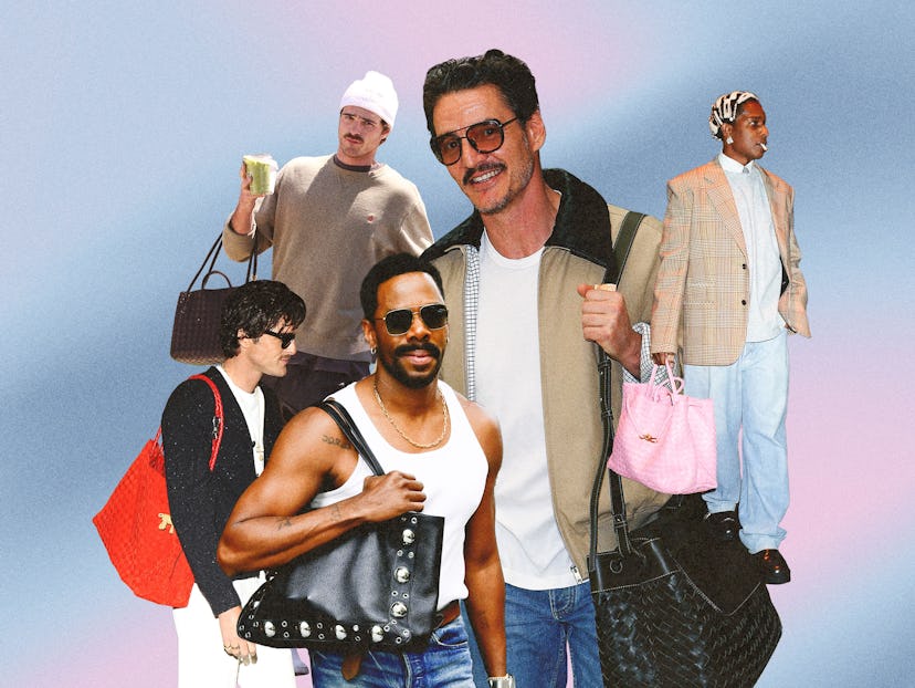 A collage of celebs including Pedro Pascal, A$AP Rocky, Jacob Elordi, and Colman Domingo carrying de...