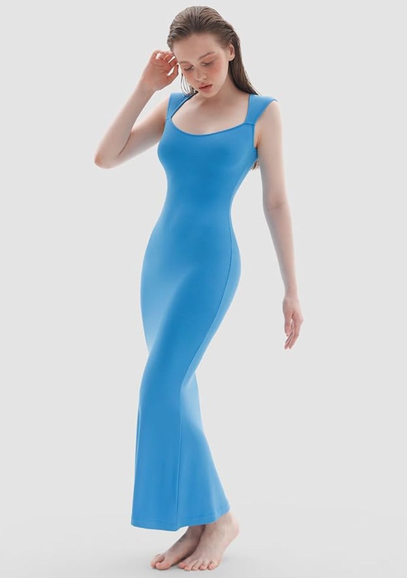 PUMIEY Square Neck Cap Sleeve Maxi Dress