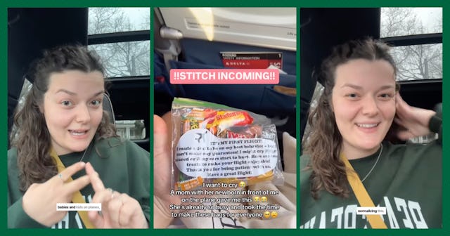 Three panel images. The center is a person on a plane holding a bag of candy given to him by a paren...