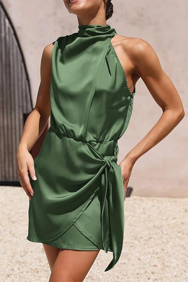PRETTYGARDEN Mock-Neck Satin Dress