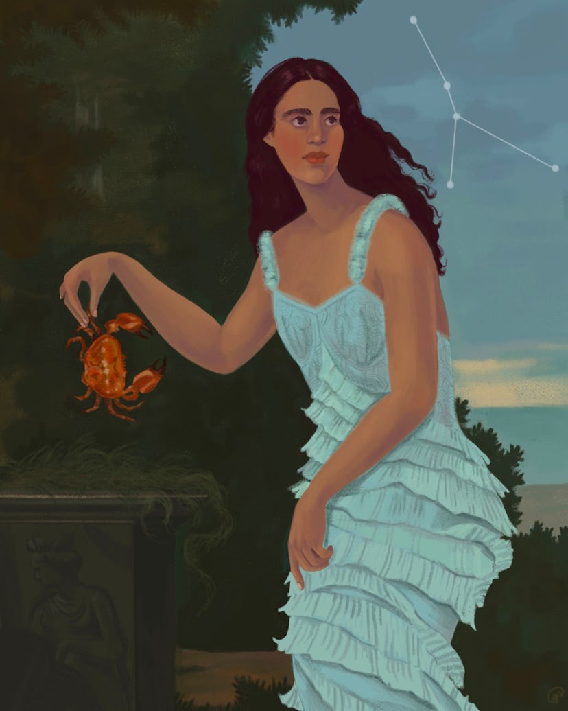 an illustration of a person holding a crab for cancer season of the zodiac