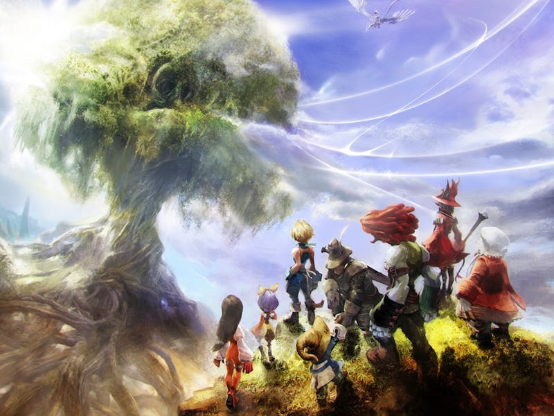 A group of adventurers stands atop a hill, gazing at a massive, mystical tree emitting glowing light...