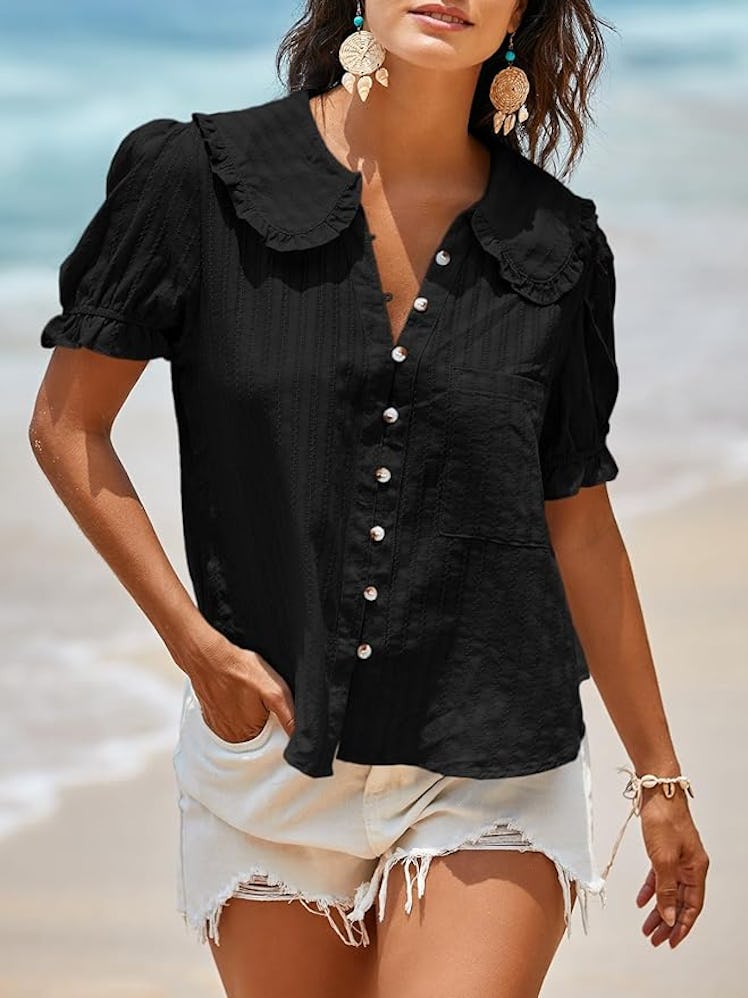 Tankaneo Puff Sleeve Peter Pan Collar Blouse