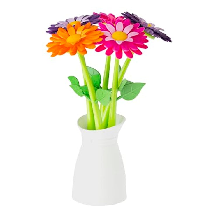 Vigar Flower Shop Pen Set with Vase, Set of 5 Colorful and Decorative Flower-shaped Pens with Matchi...