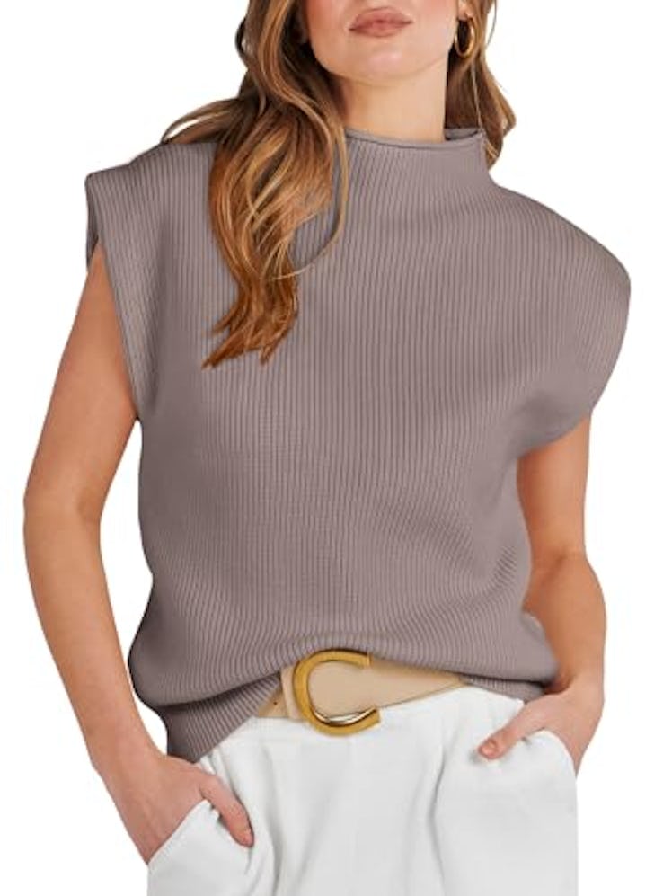 ANRABESS Mock-Neck Cap-Sleeve Sweater