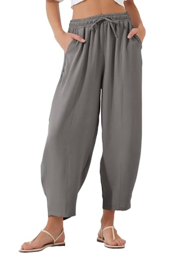 EVALESS Barrel Pants Women Casual Summer Lightweight High Waisted Baggy Ankle Beach Trousers Dark Gr...