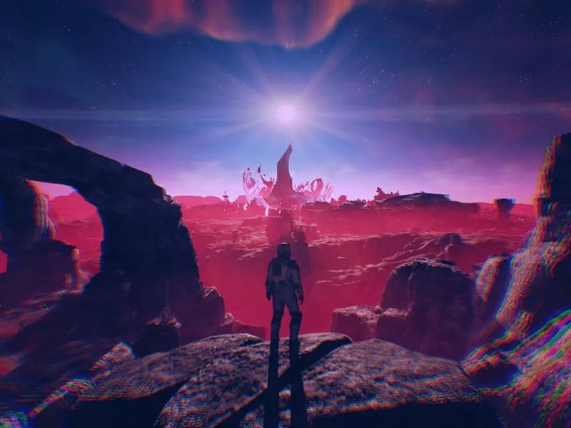 A silhouetted figure stands on rocky terrain, gazing at an otherworldly landscape with vibrant pink ...