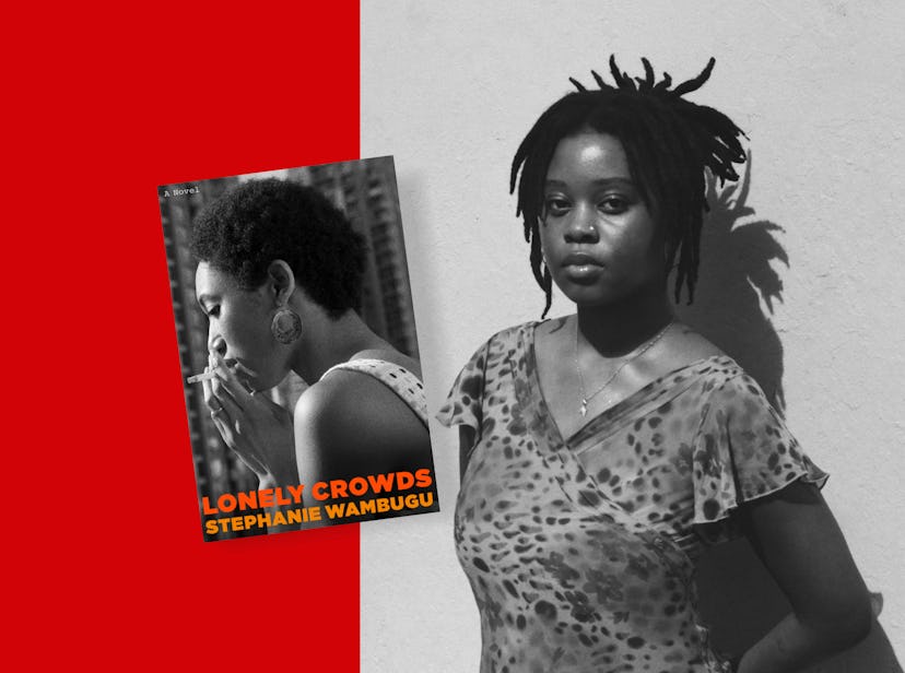 A black-and-white portrait of Stephanie Wambugu, next to the cover of her novel, 'Lonely Crowds.'