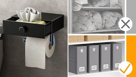 A stylish black wall-mounted shelf features a roll of toilet paper and a decorative towel. Side imag...