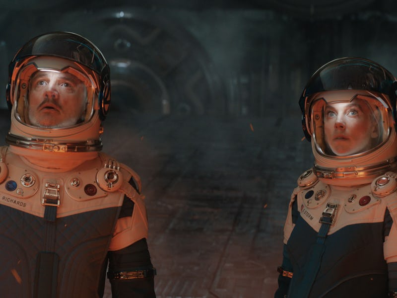 Three astronauts in futuristic space suits showcase varied expressions of surprise and concern. They...