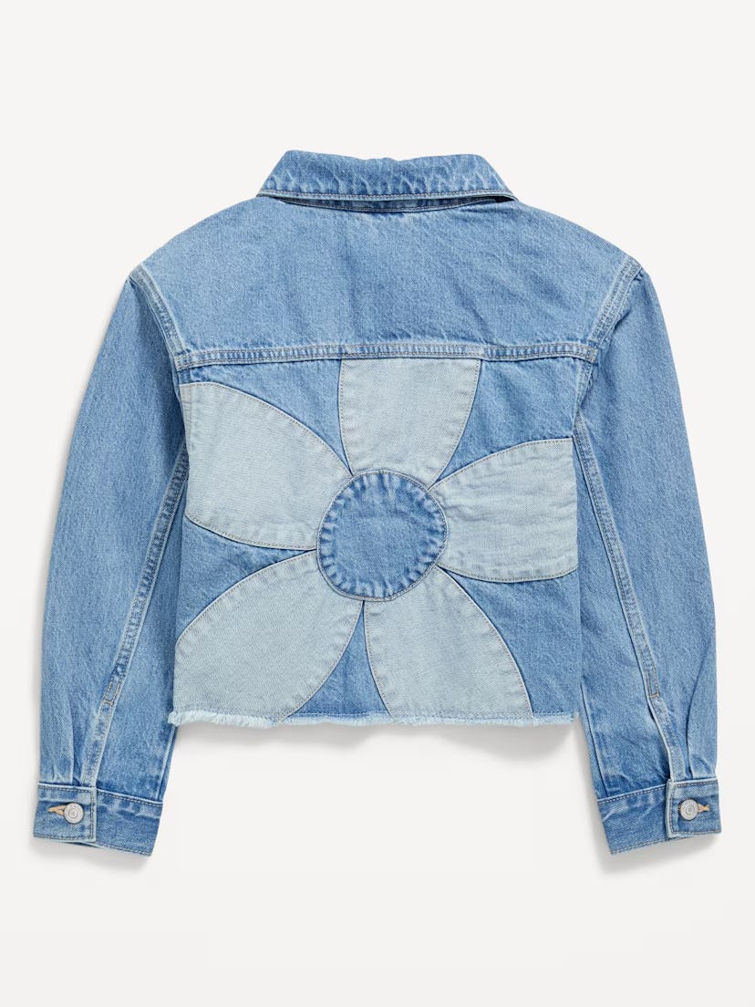 Oversized Floral-Back Cut-Off Jean Jacket for Girls