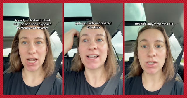 A split-screen video features a woman speaking in a car. She discusses her son’s exposure to measles...