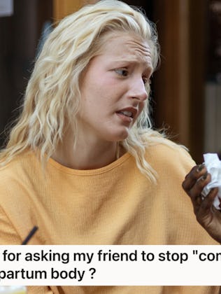 Two women are engaged in a serious conversation outdoors. One has blonde hair and wears a yellow top...