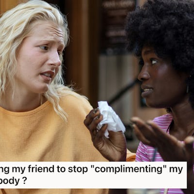 Two women are engaged in a serious conversation outdoors. One has blonde hair and wears a yellow top, while the other has curly black hair and a pink striped shirt.